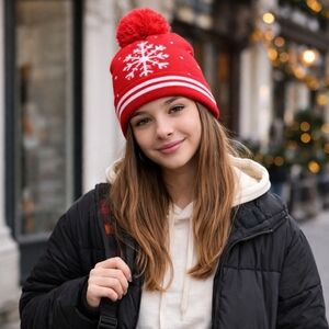 Holiday Time Womens Red Snowflake Hat/Beanie New